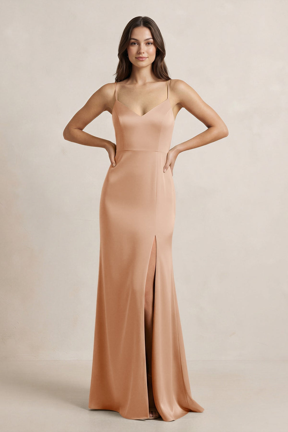 Spaghetti Strap Sheath Satin Bridesmaid Dress in Golden Champagne