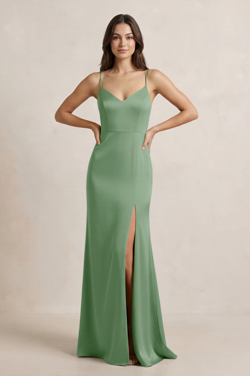 Spaghetti Strap Sheath Satin Bridesmaid Dress in Matcha