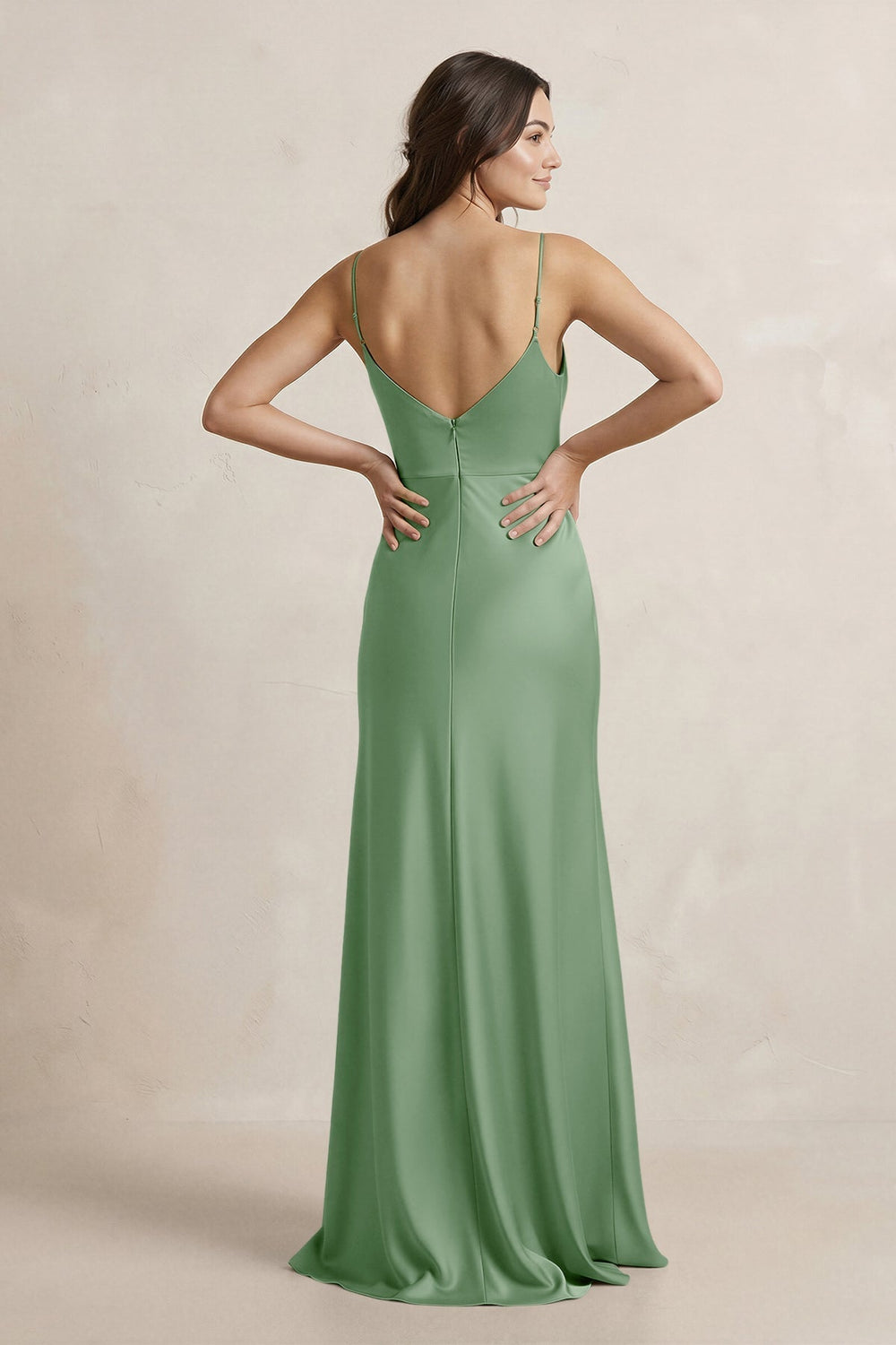 Spaghetti Strap Sheath Satin Bridesmaid Dress in Matcha