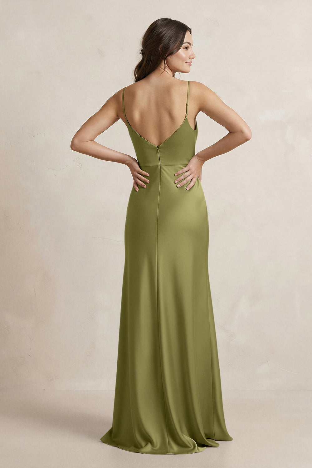 Spaghetti Strap Sheath Satin Bridesmaid Dress in Moss Green