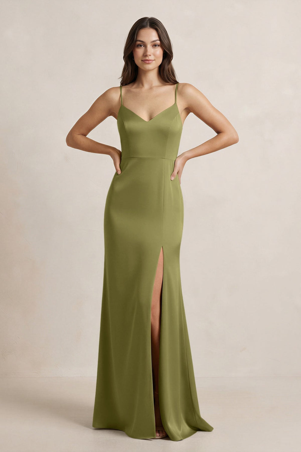 Spaghetti Strap Sheath Satin Bridesmaid Dress in Moss Green
