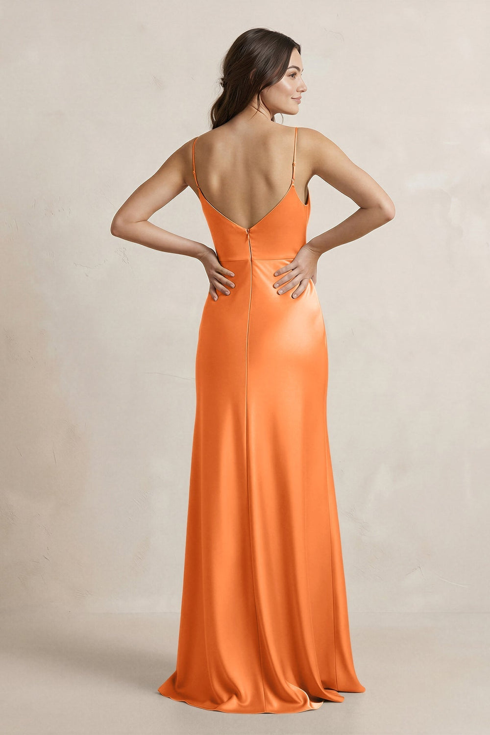 Spaghetti Strap Sheath Satin Bridesmaid Dress in Orange