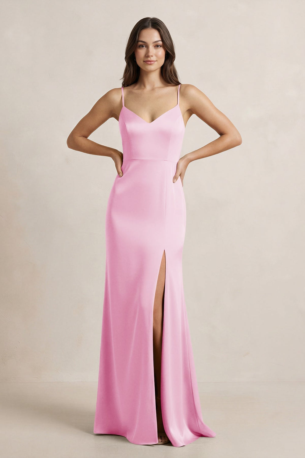 Spaghetti Strap Sheath Satin Bridesmaid Dress in Pink