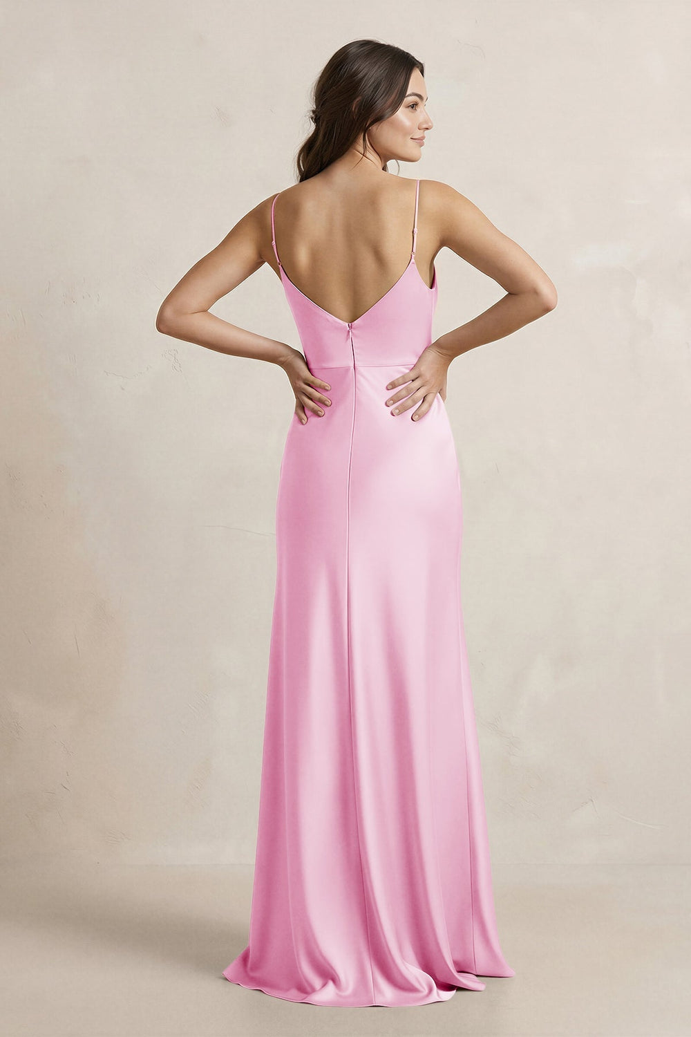 Spaghetti Strap Sheath Satin Bridesmaid Dress in Pink