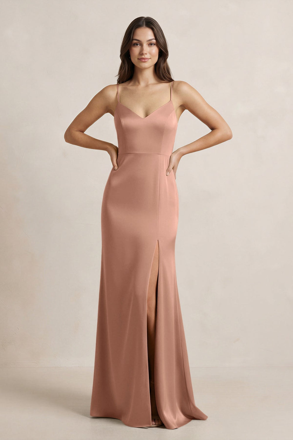 Spaghetti Strap Sheath Satin Bridesmaid Dress in Rosette