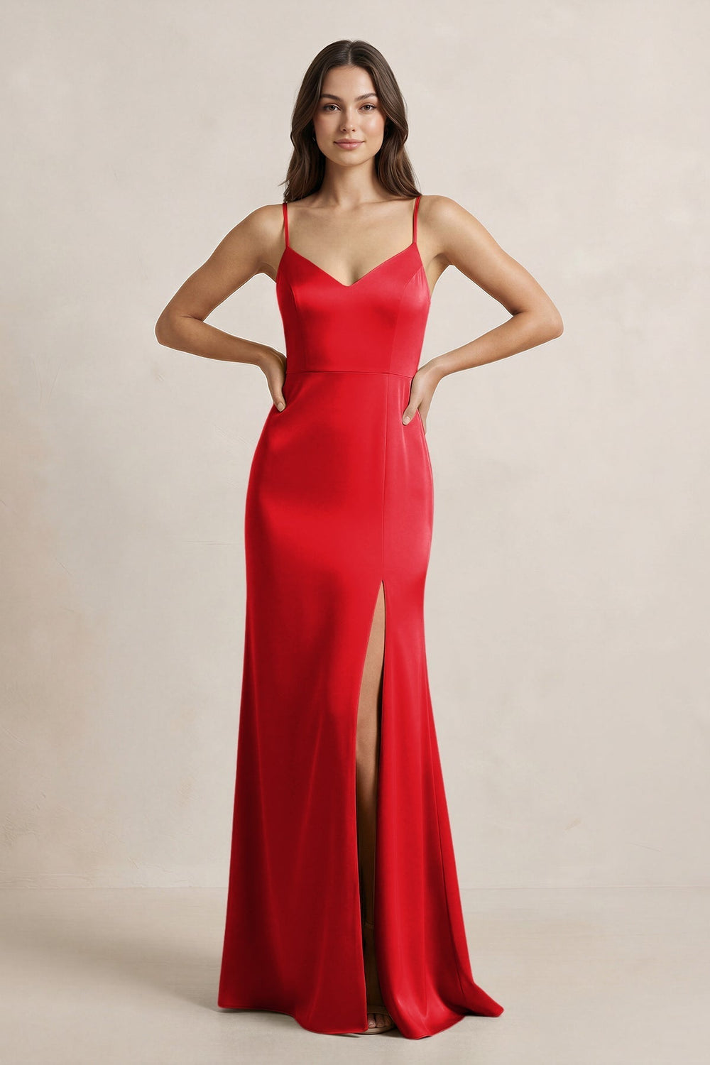 Spaghetti Strap Sheath Satin Bridesmaid Dress in Ruby Red