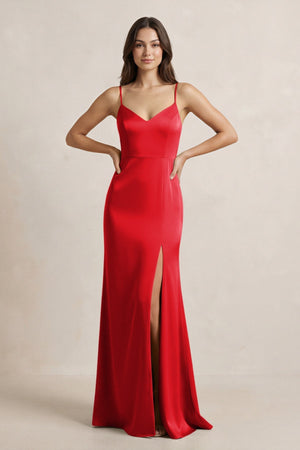 Spaghetti Strap Sheath Satin Bridesmaid Dress in Ruby Red - KISS BRIDAL Bridesmaid Dresses