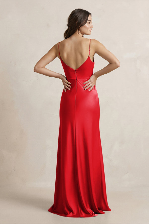 Spaghetti Strap Sheath Satin Bridesmaid Dress in Ruby Red - KISS BRIDAL Bridesmaid Dresses