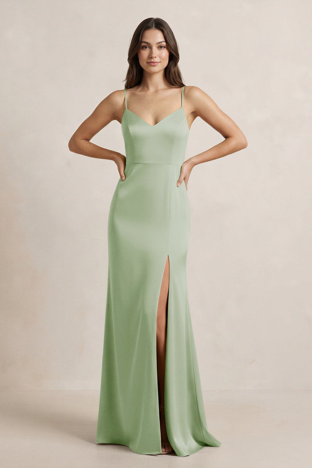 Spaghetti Strap Sheath Satin Bridesmaid Dress in Sage
