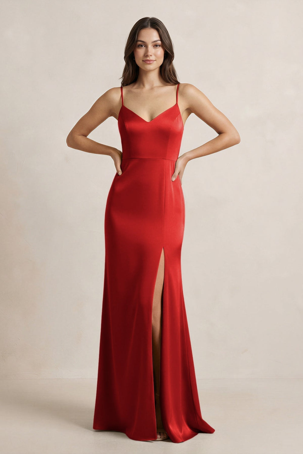 Spaghetti Strap Sheath Satin Bridesmaid Dress in Spice