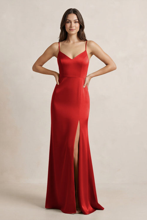 Spaghetti Strap Sheath Satin Bridesmaid Dress in Spice - KISS BRIDAL Bridesmaid Dresses