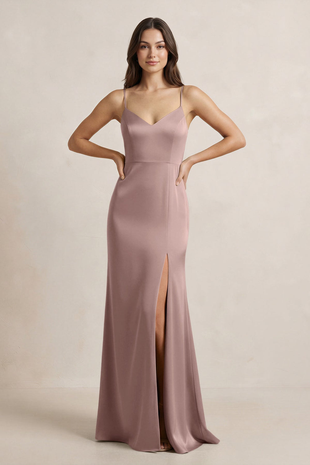 Spaghetti Strap Sheath Satin Bridesmaid Dress in Toffee