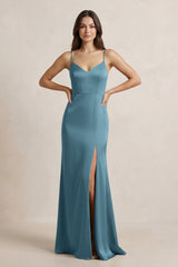 Spaghetti Strap Sheath Satin Bridesmaid Dress in Twilight - KISS BRIDAL Bridesmaid Dresses