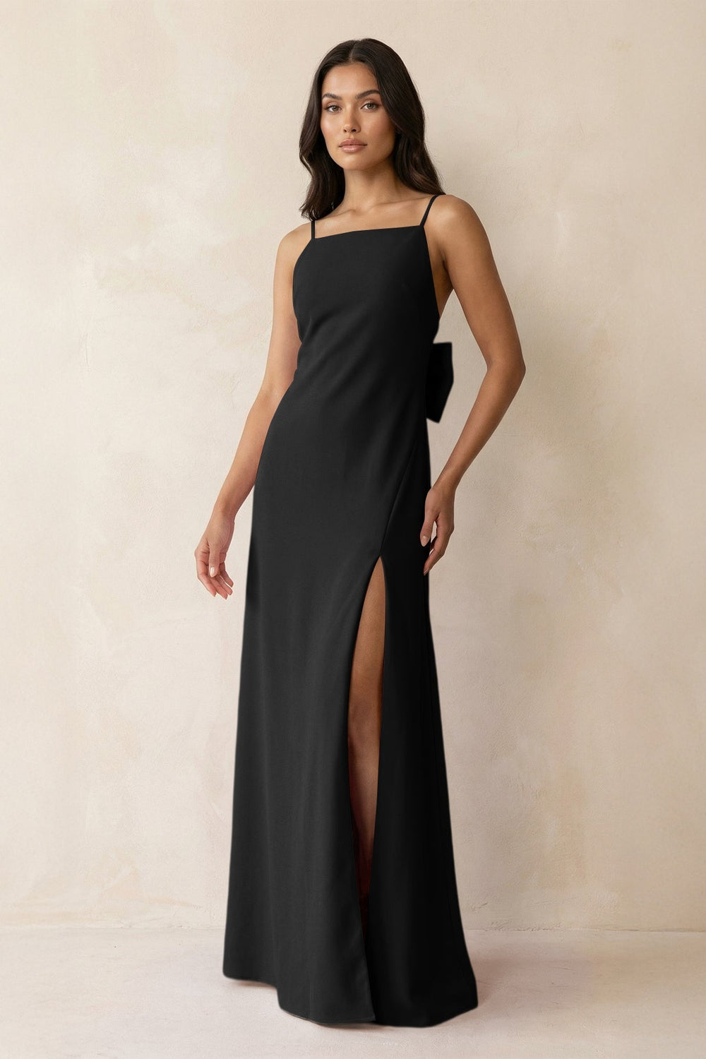 Spaghetti Strap Sheath Satin Bridesmaid Dress with Bow in Black