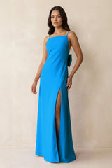 Spaghetti Strap Sheath Satin Bridesmaid Dress with Bow in Blue Jay - KISS BRIDAL Bridesmaid Dresses