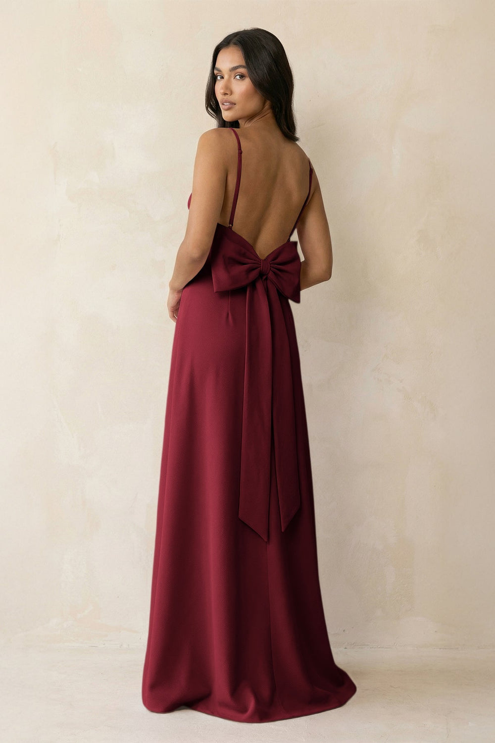 Spaghetti Strap Sheath Satin Bridesmaid Dress with Bow in Burgundy