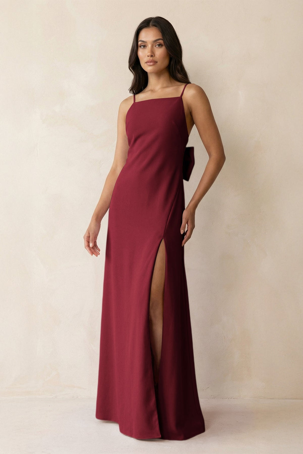 Spaghetti Strap Sheath Satin Bridesmaid Dress with Bow in Burgundy
