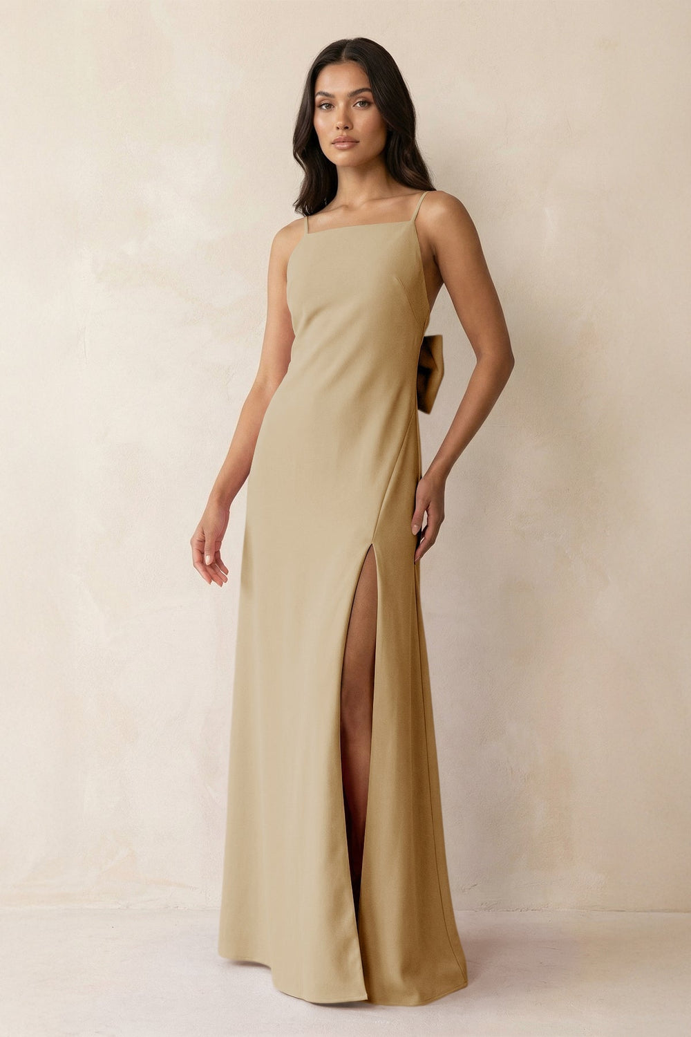 Spaghetti Strap Sheath Satin Bridesmaid Dress with Bow in Champagne