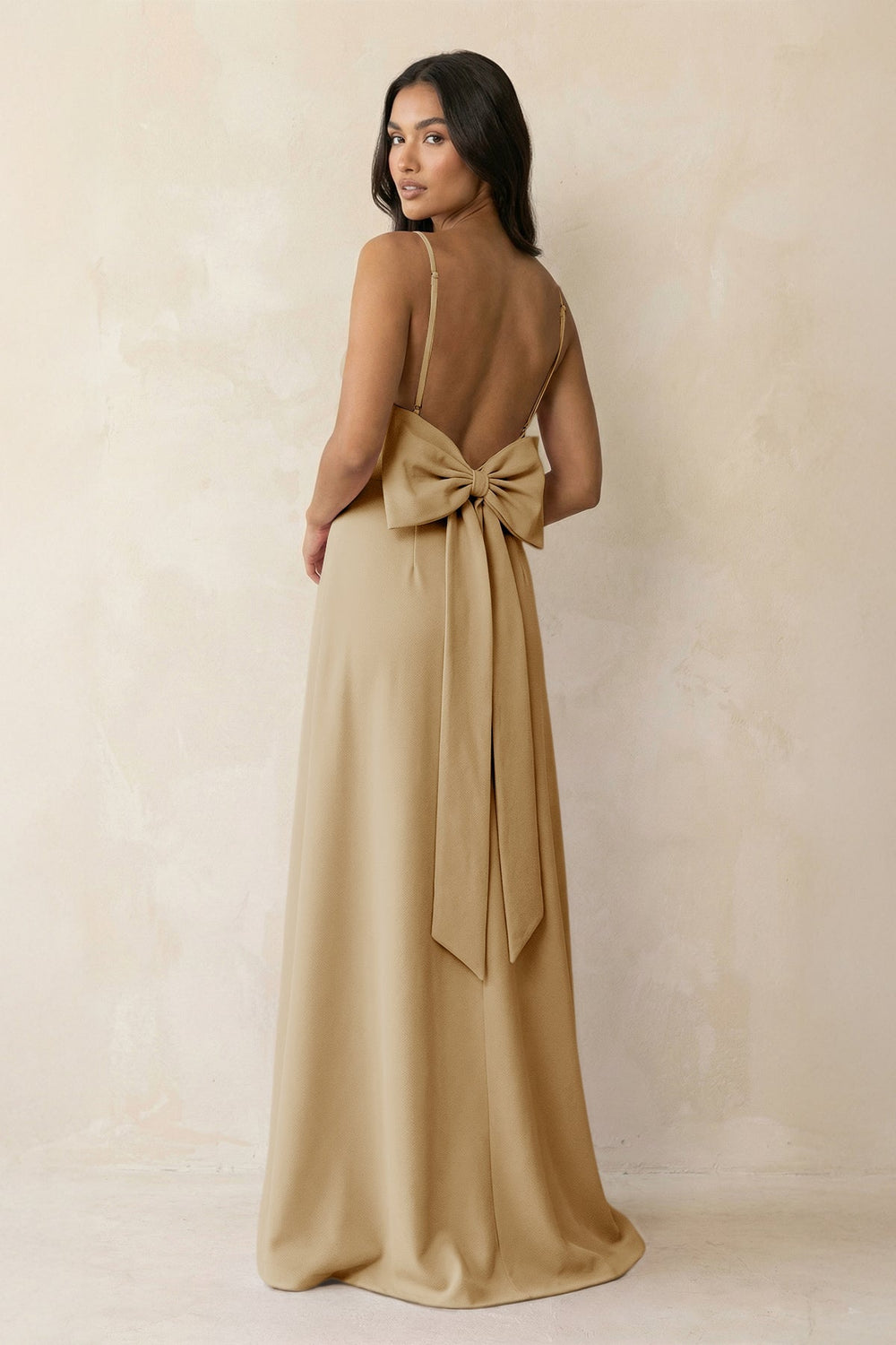 Spaghetti Strap Sheath Satin Bridesmaid Dress with Bow in Champagne