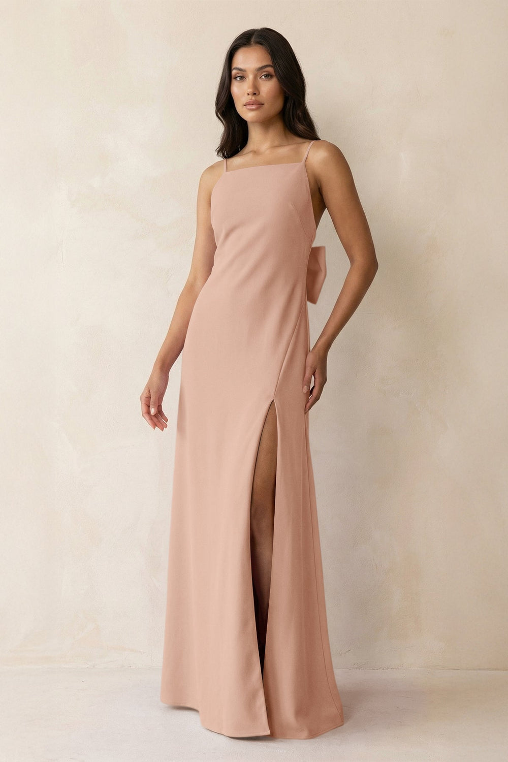 Spaghetti Strap Sheath Satin Bridesmaid Dress with Bow in Champagne Rose