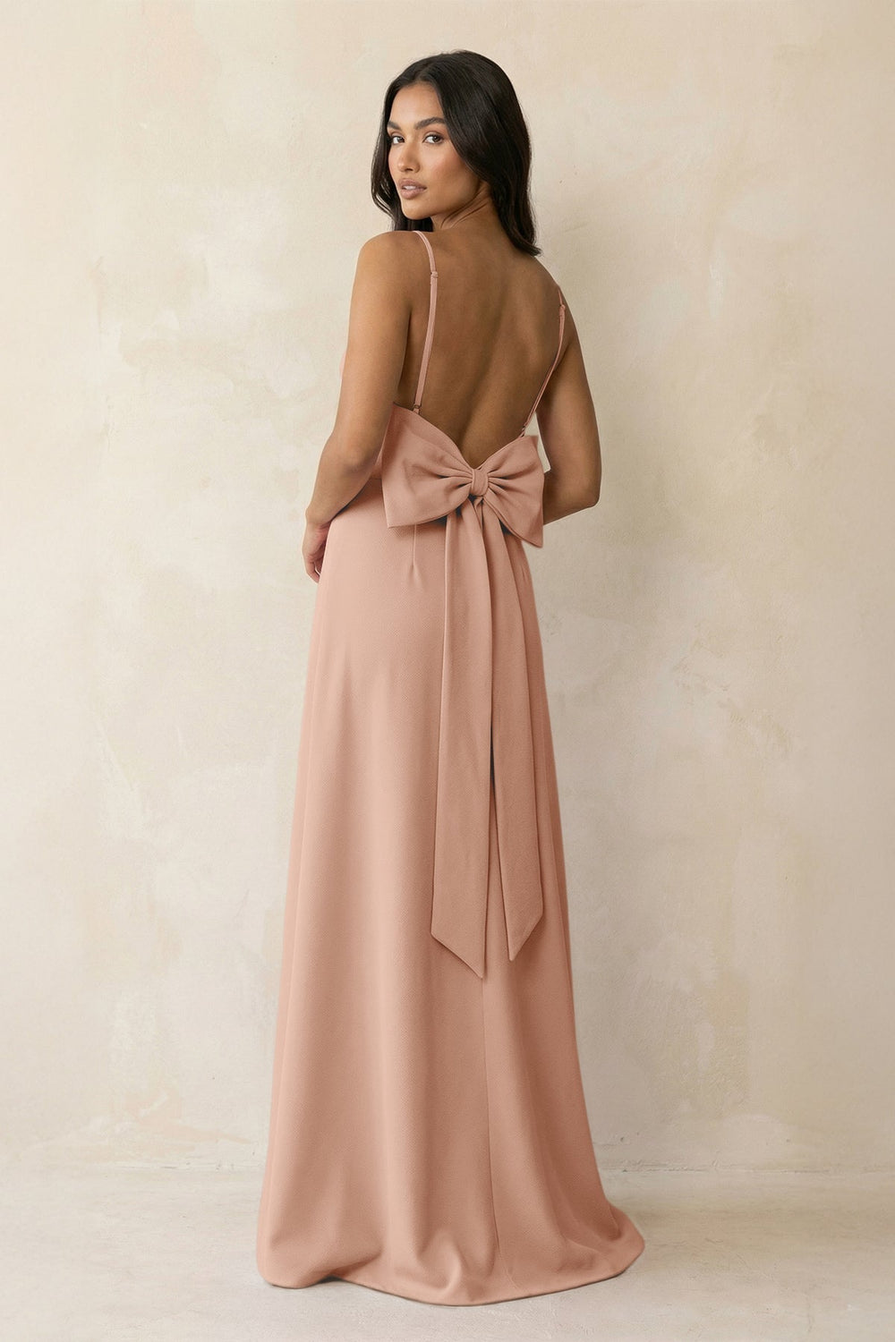 Spaghetti Strap Sheath Satin Bridesmaid Dress with Bow in Champagne Rose