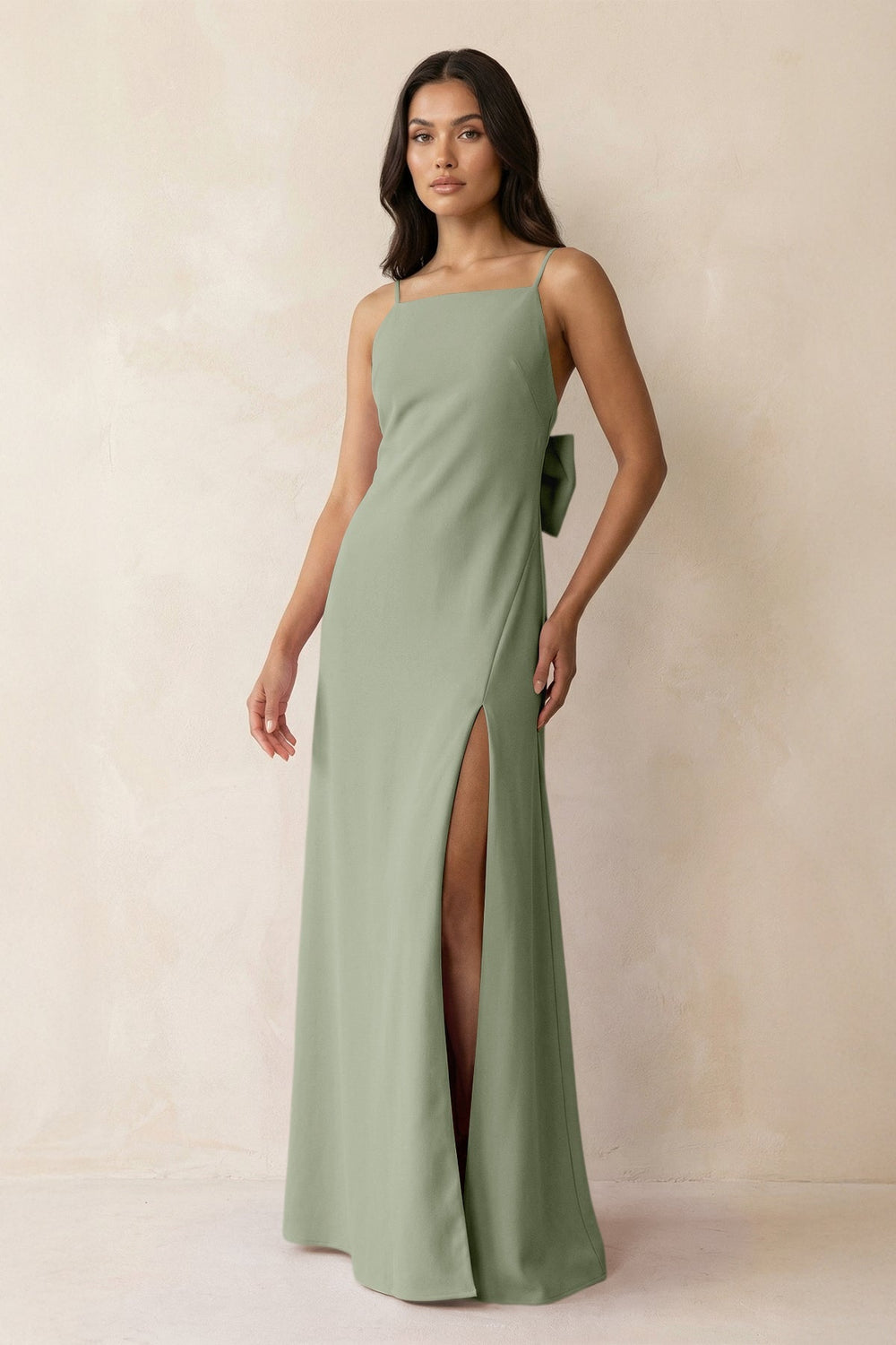 Spaghetti Strap Sheath Satin Bridesmaid Dress with Bow in Dove Gray