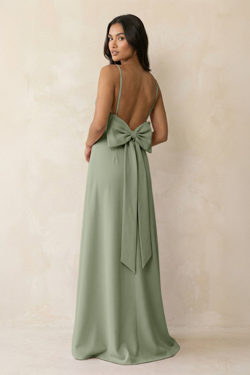Spaghetti Strap Sheath Satin Bridesmaid Dress with Bow in Dove Gray