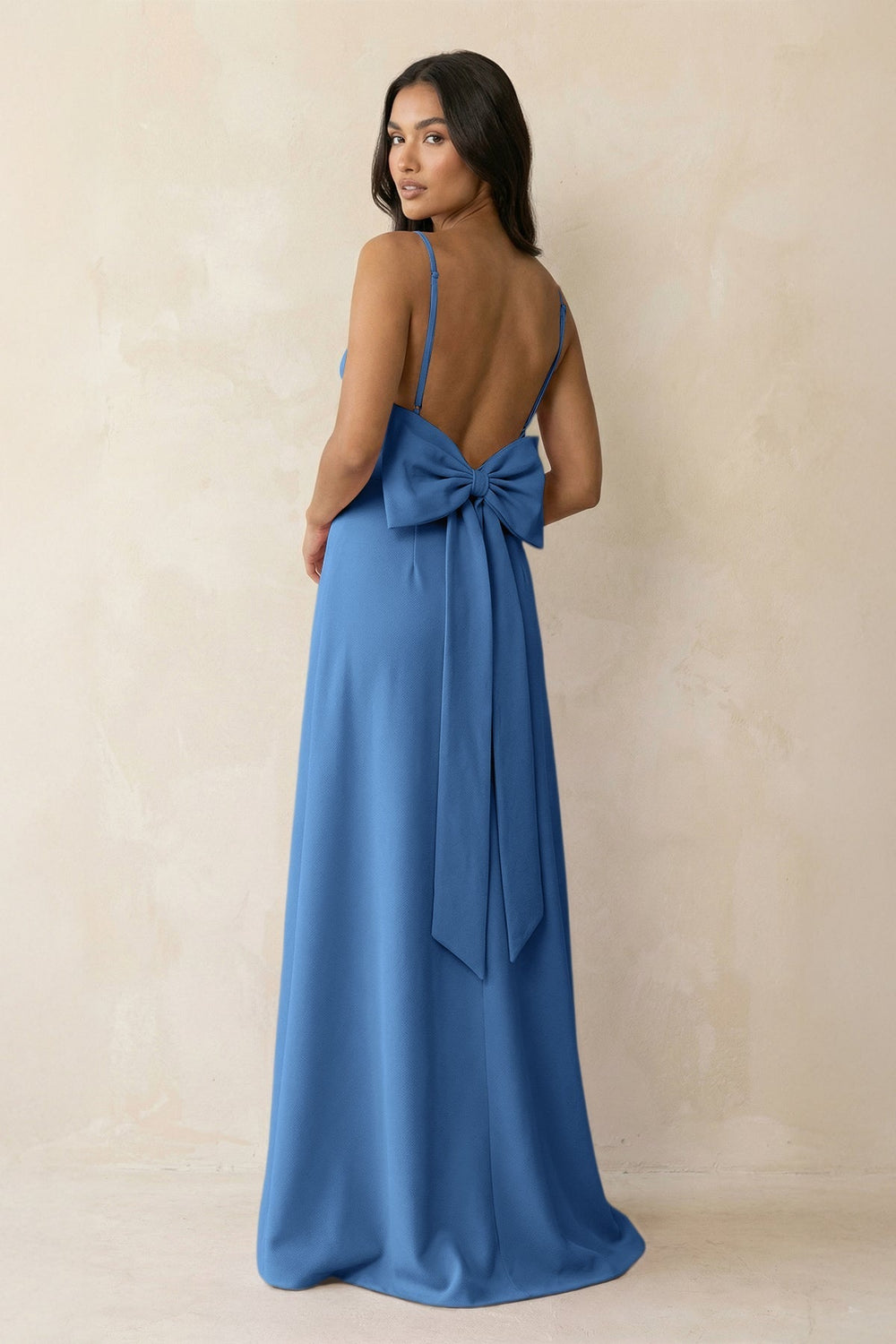 Spaghetti Strap Sheath Satin Bridesmaid Dress with Bow in Dusty Blue