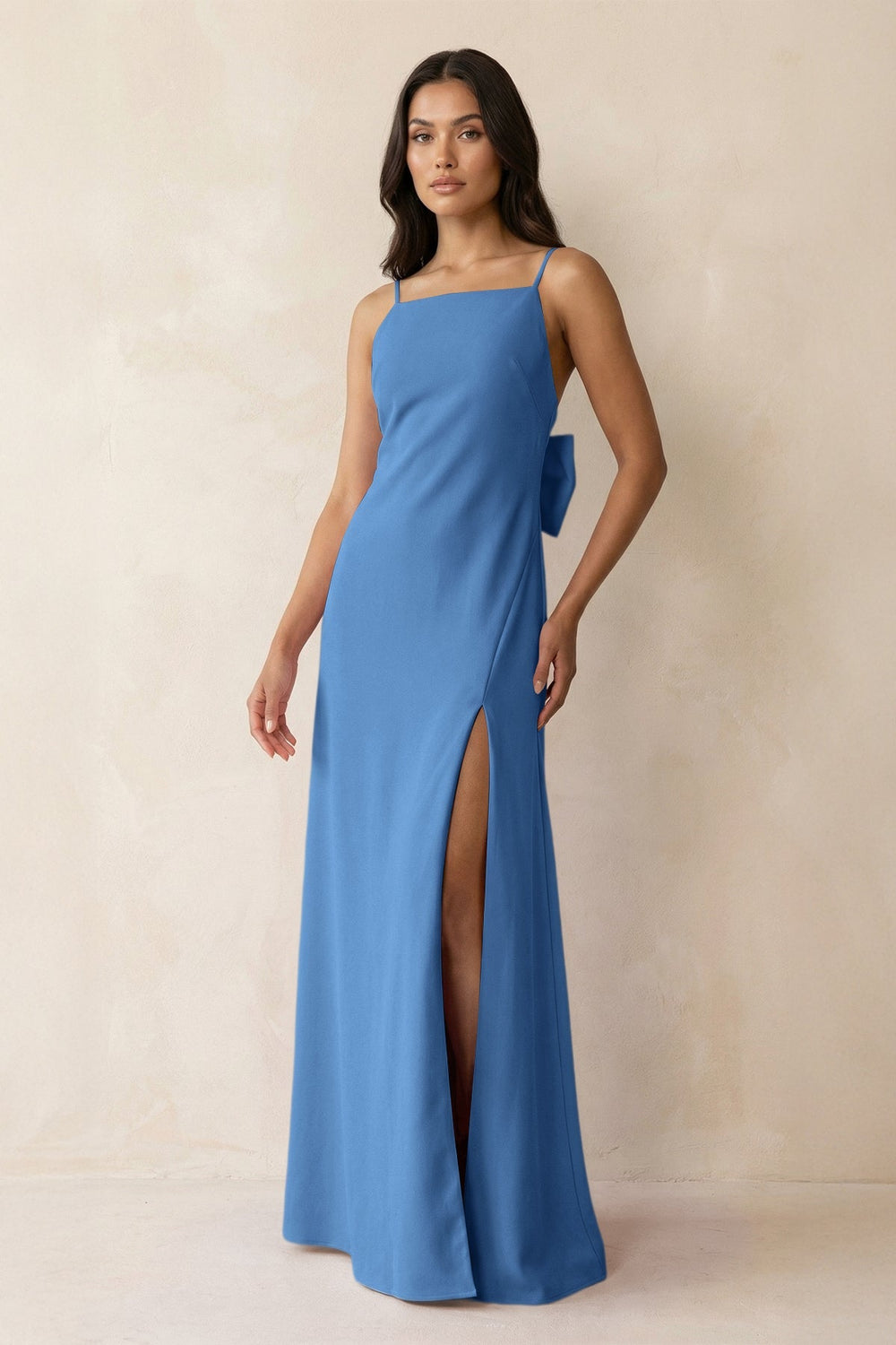 Spaghetti Strap Sheath Satin Bridesmaid Dress with Bow in Dusty Blue