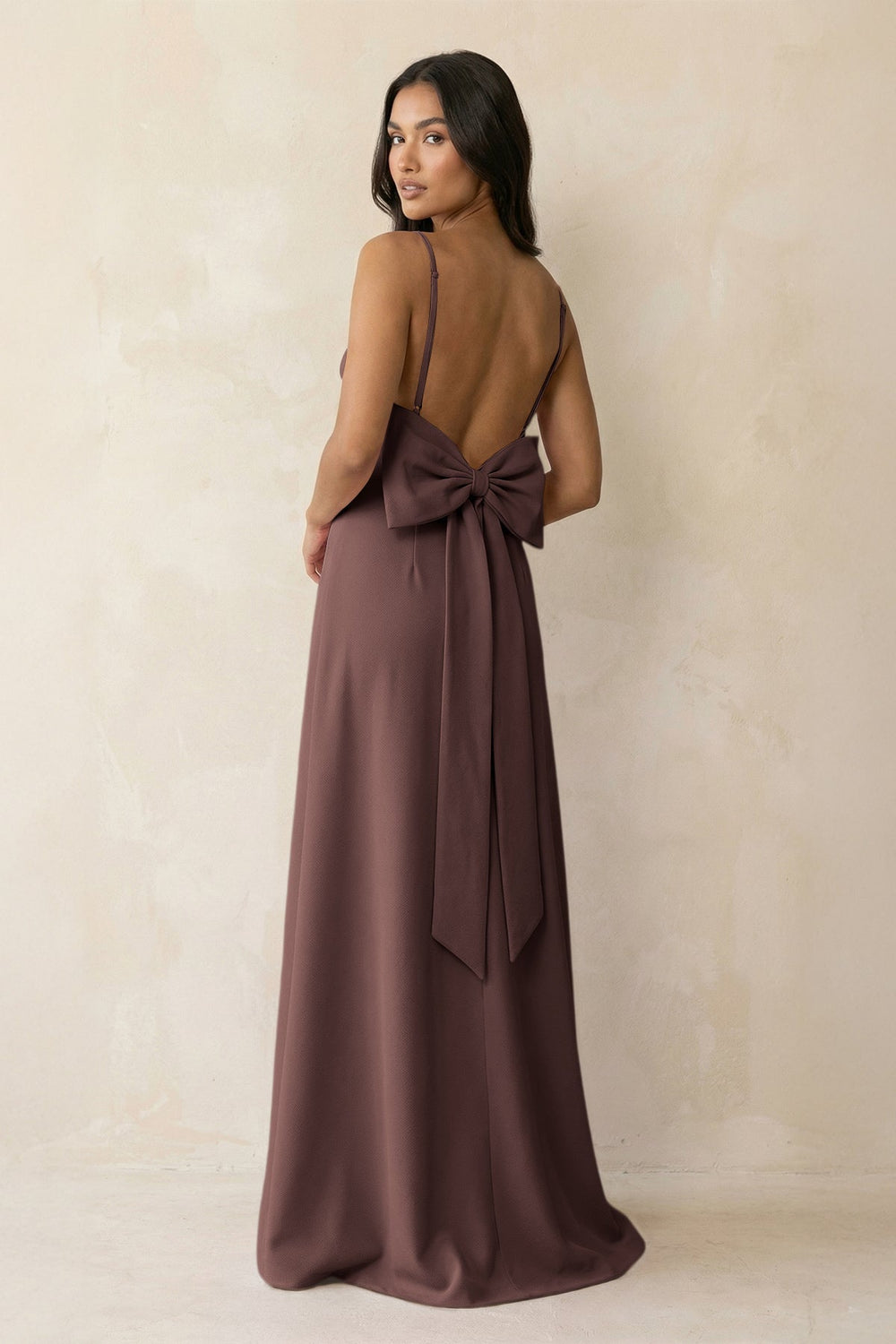 Spaghetti Strap Sheath Satin Bridesmaid Dress with Bow in Espresso