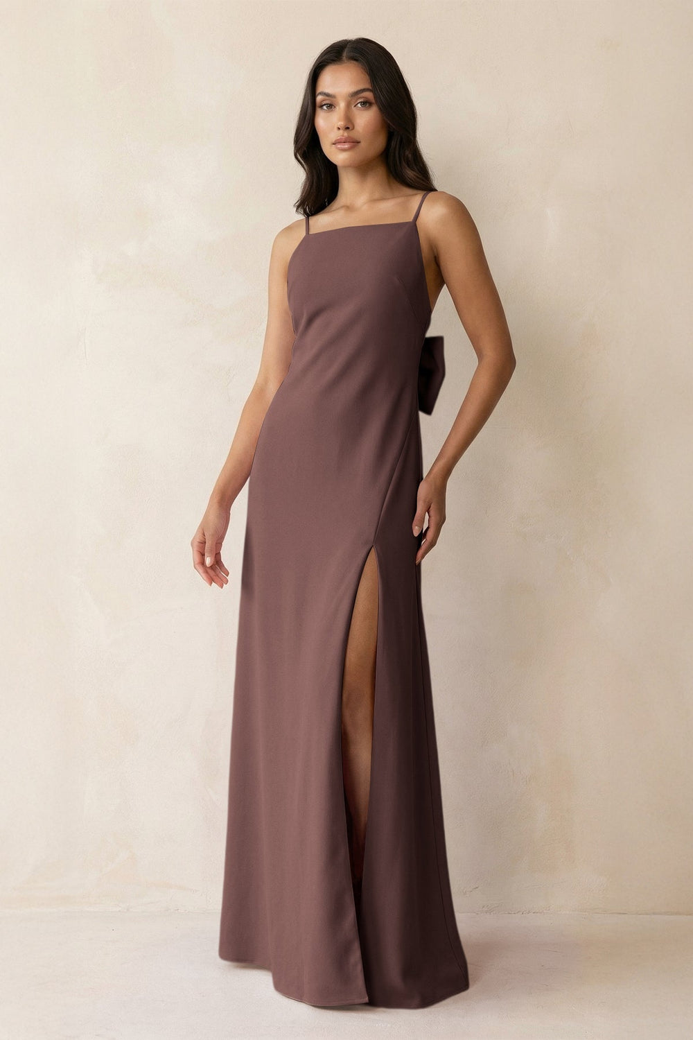 Spaghetti Strap Sheath Satin Bridesmaid Dress with Bow in Espresso