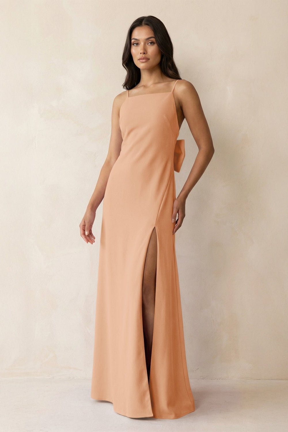 Spaghetti Strap Sheath Satin Bridesmaid Dress with Bow in Golden Champagne