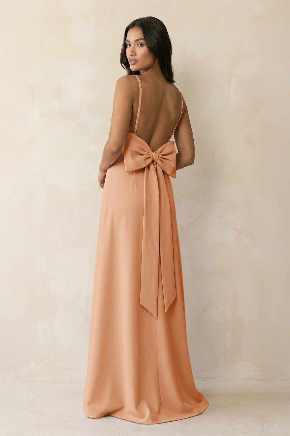 Spaghetti Strap Sheath Satin Bridesmaid Dress with Bow in Golden Champagne