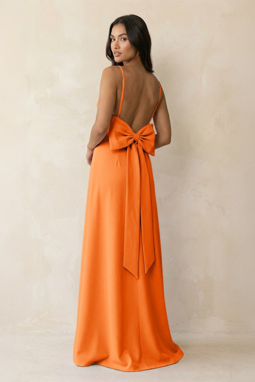 Spaghetti Strap Sheath Satin Bridesmaid Dress with Bow in Orange