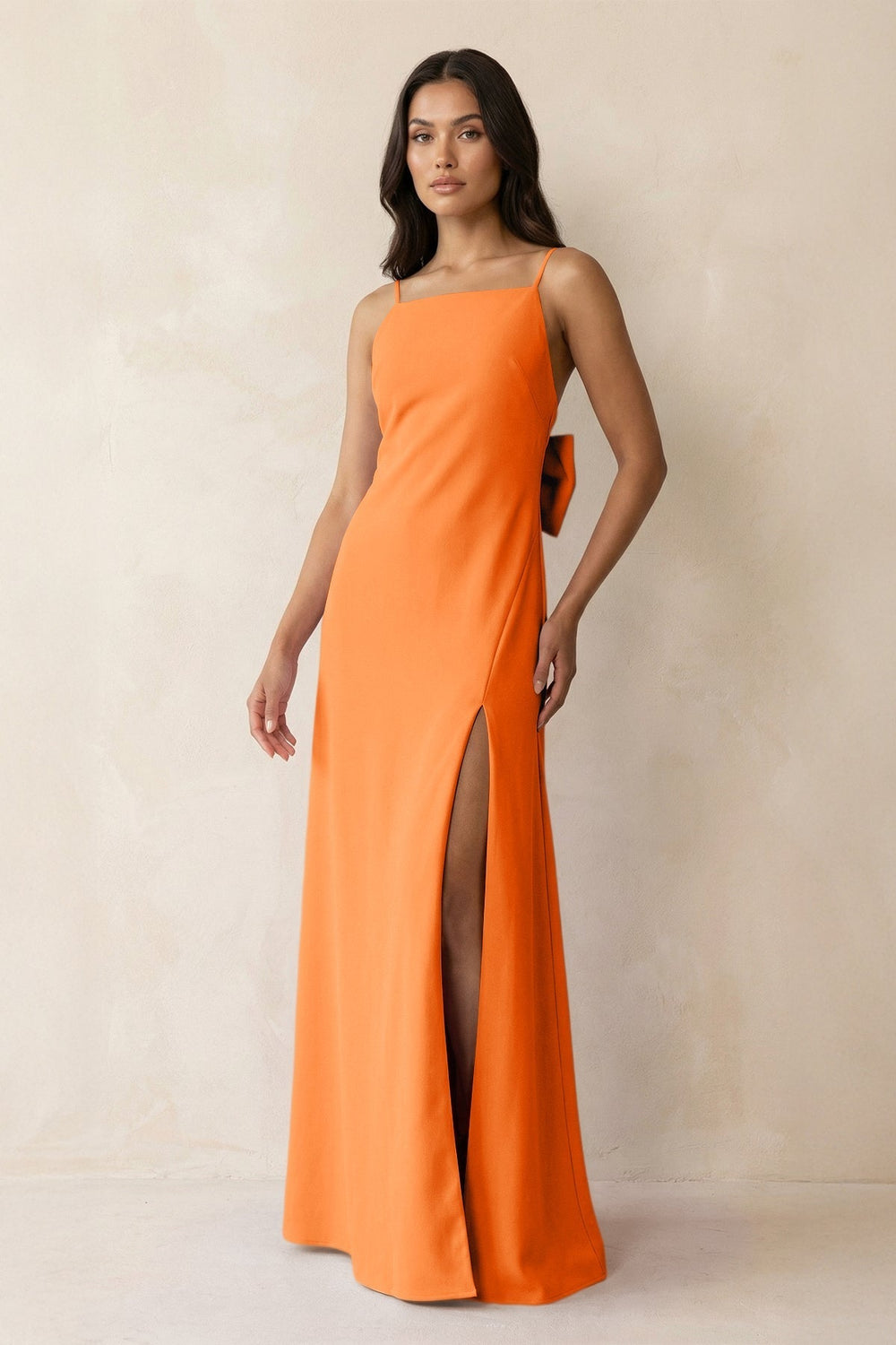 Spaghetti Strap Sheath Satin Bridesmaid Dress with Bow in Orange