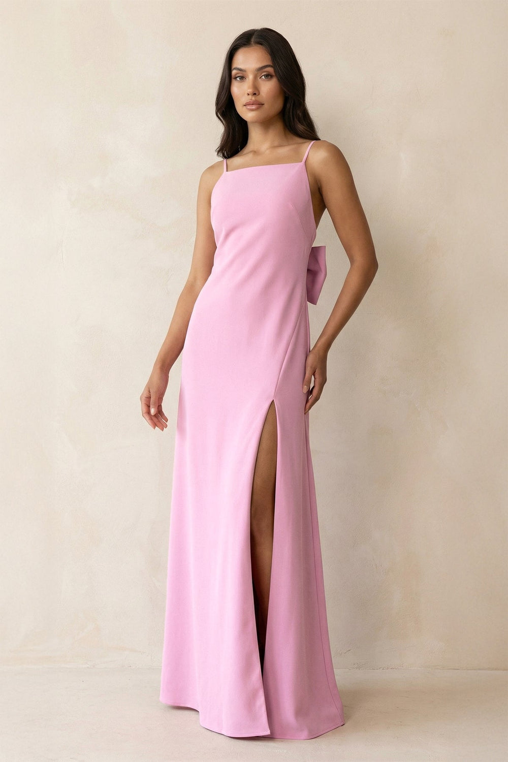 Spaghetti Strap Sheath Satin Bridesmaid Dress with Bow in Pink