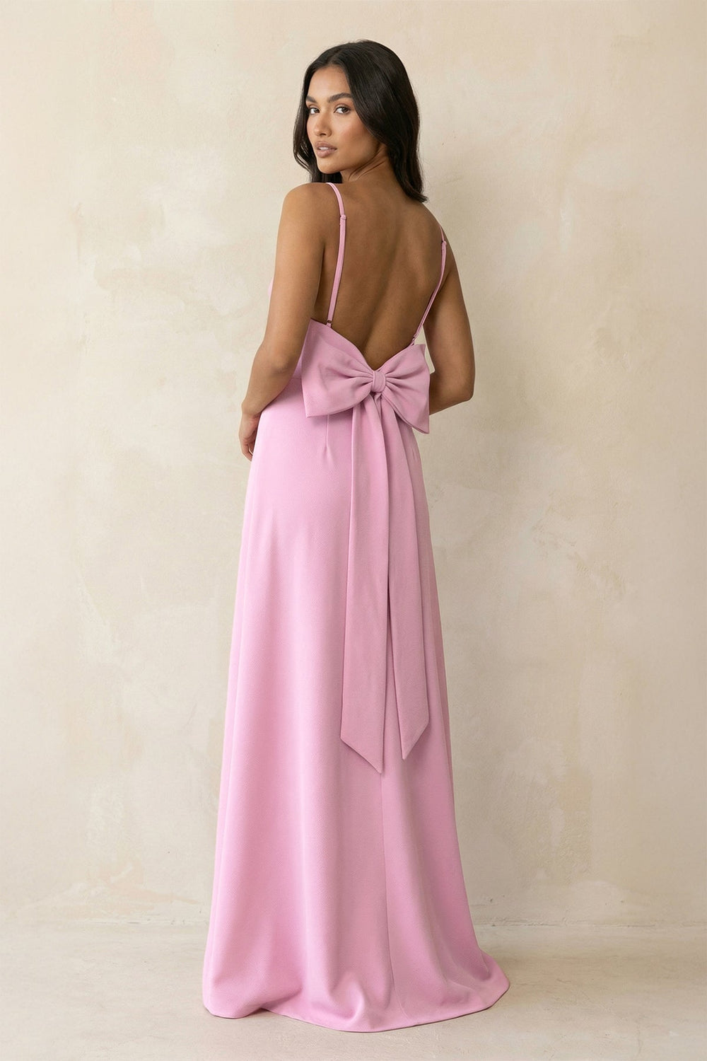 Spaghetti Strap Sheath Satin Bridesmaid Dress with Bow in Pink