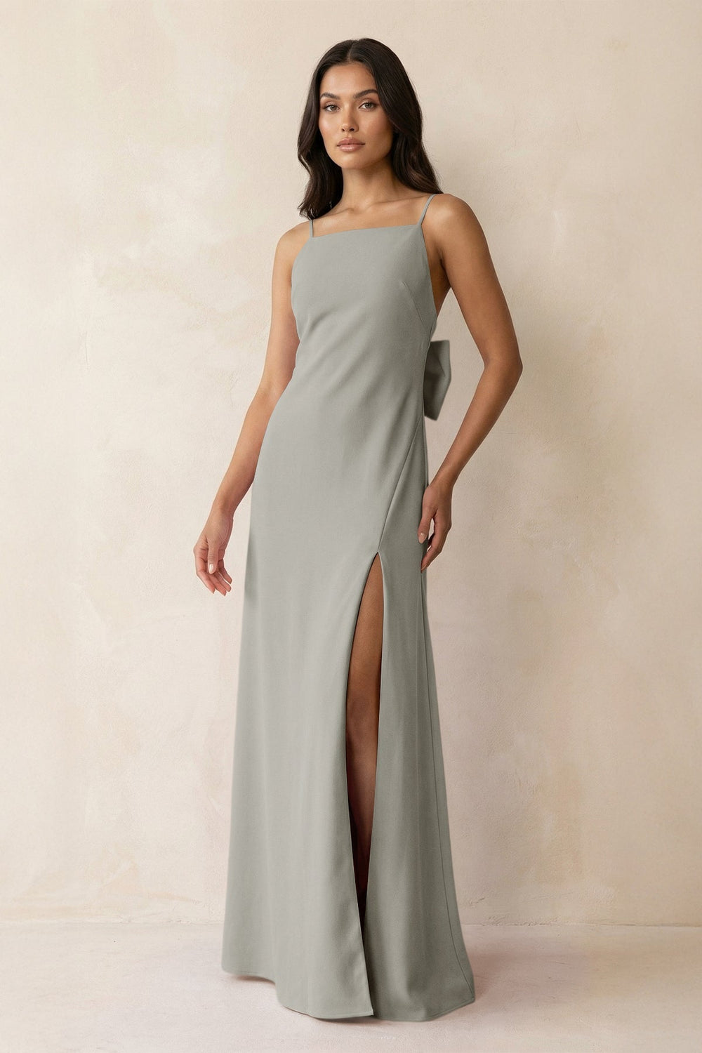 Spaghetti Strap Sheath Satin Bridesmaid Dress with Bow in Silver