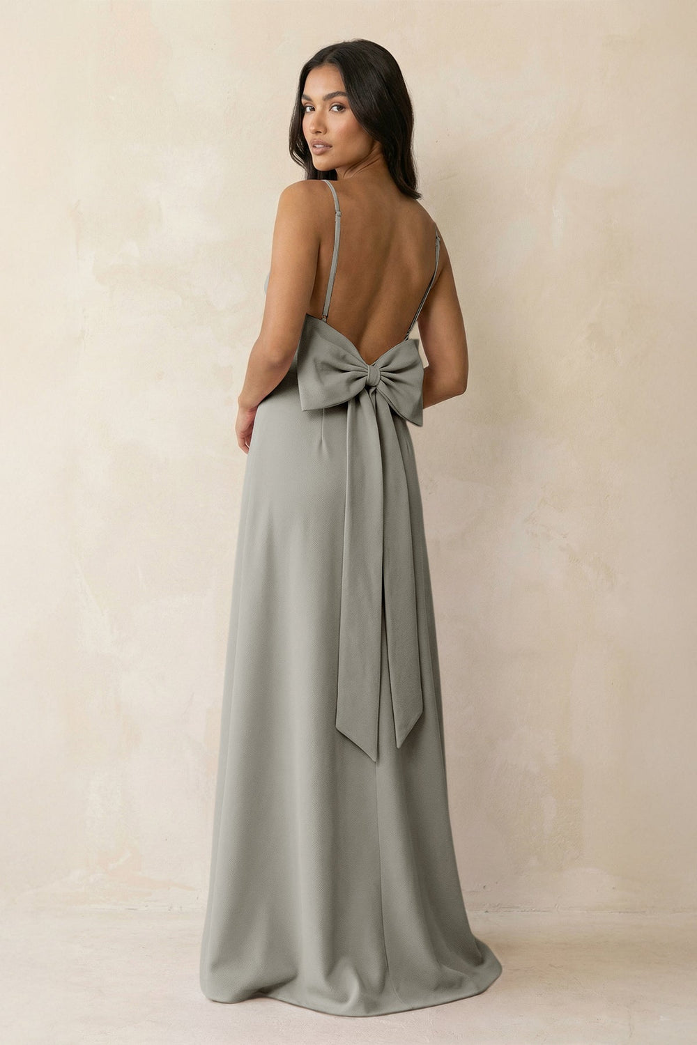 Spaghetti Strap Sheath Satin Bridesmaid Dress with Bow in Silver