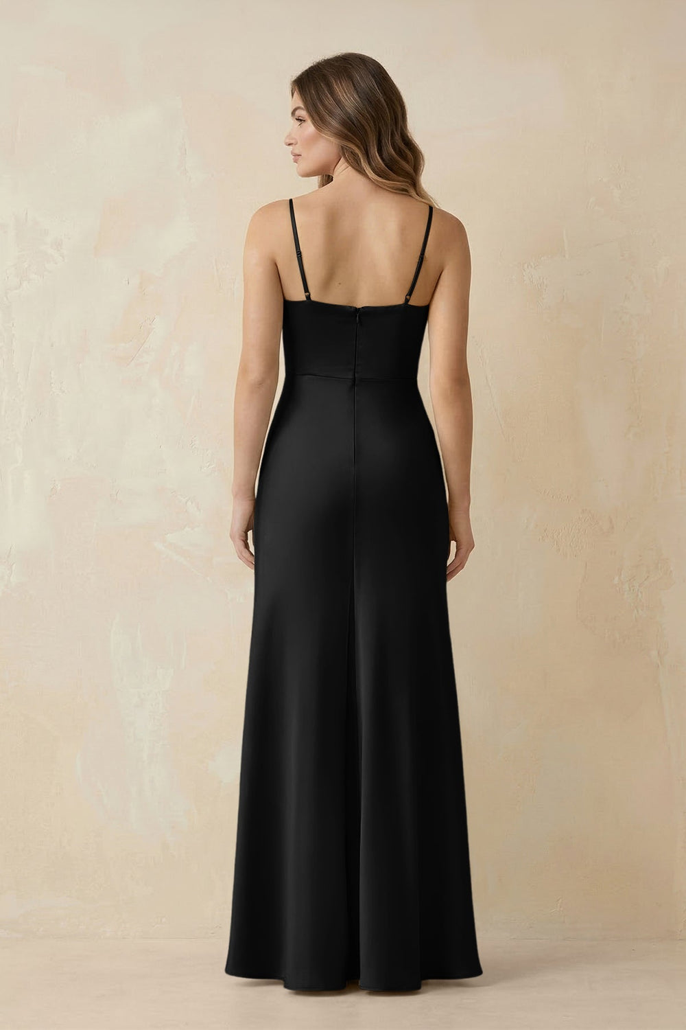 Spaghetti Strap Sheath Satin Bridesmaid Dress With Slit in Black