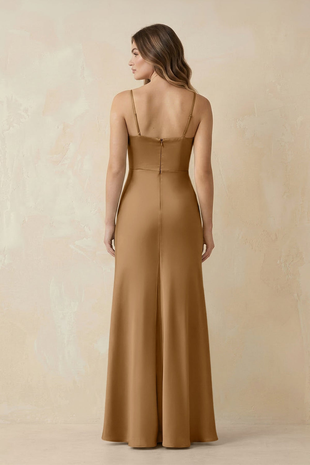 Spaghetti Strap Sheath Satin Bridesmaid Dress With Slit in Bronzer