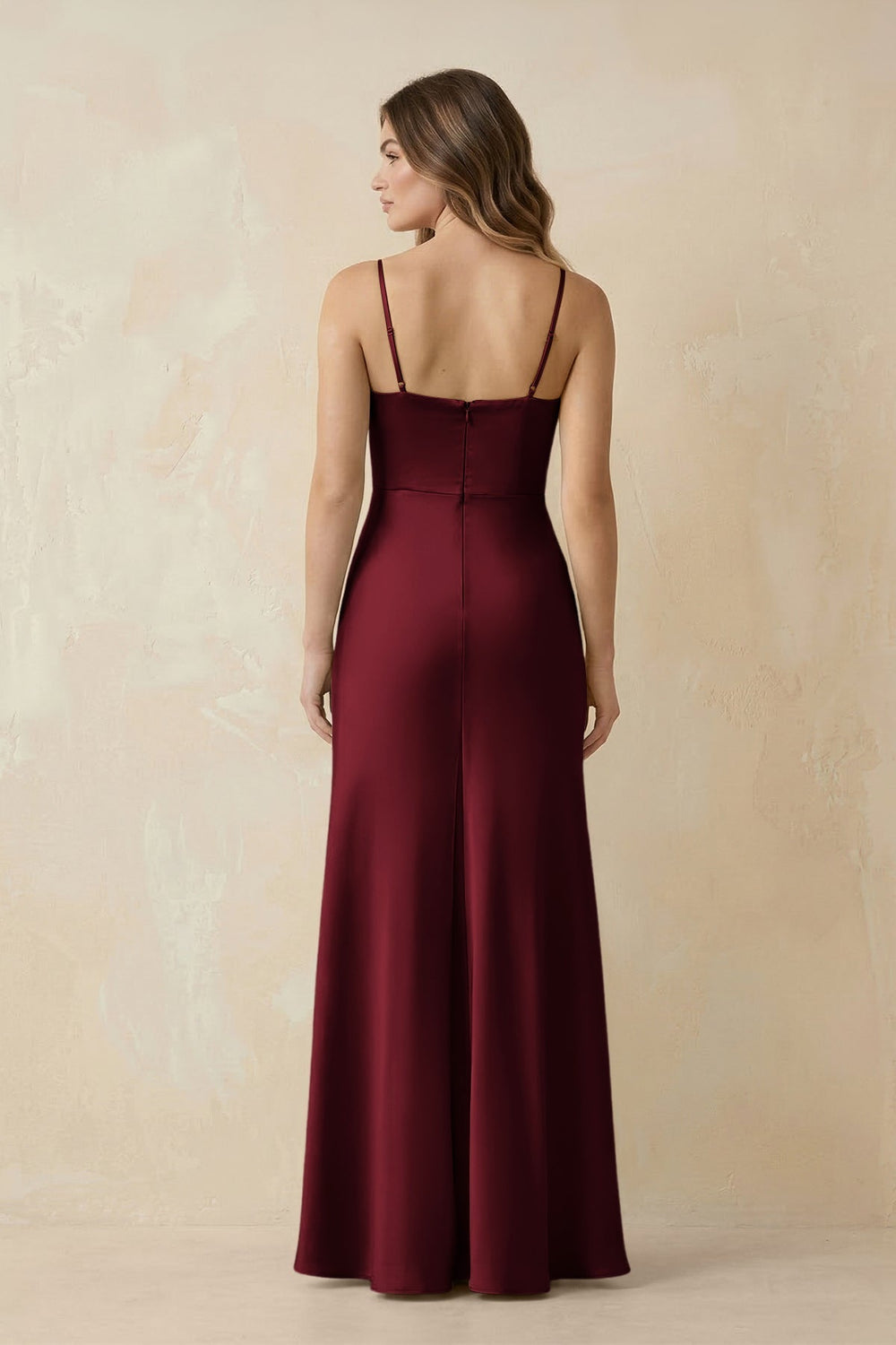 Spaghetti Strap Sheath Satin Bridesmaid Dress With Slit in Burgundy