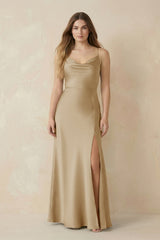 Spaghetti Strap Sheath Satin Bridesmaid Dress With Slit in Champagne - KISS BRIDAL Bridesmaid Dresses