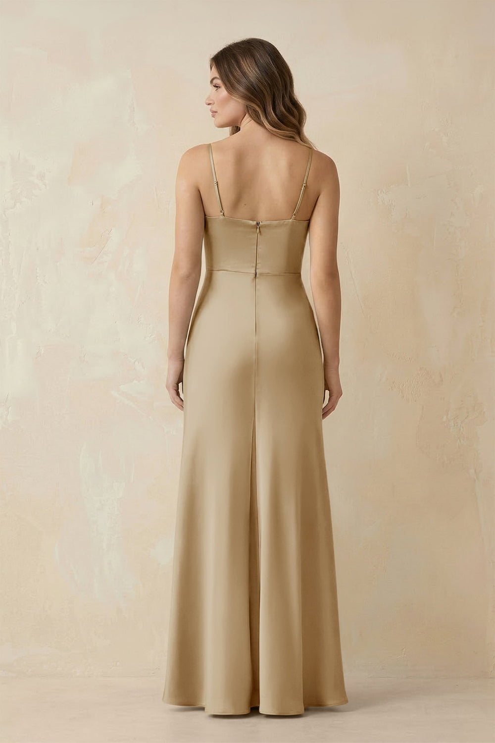 Spaghetti Strap Sheath Satin Bridesmaid Dress With Slit in Champagne
