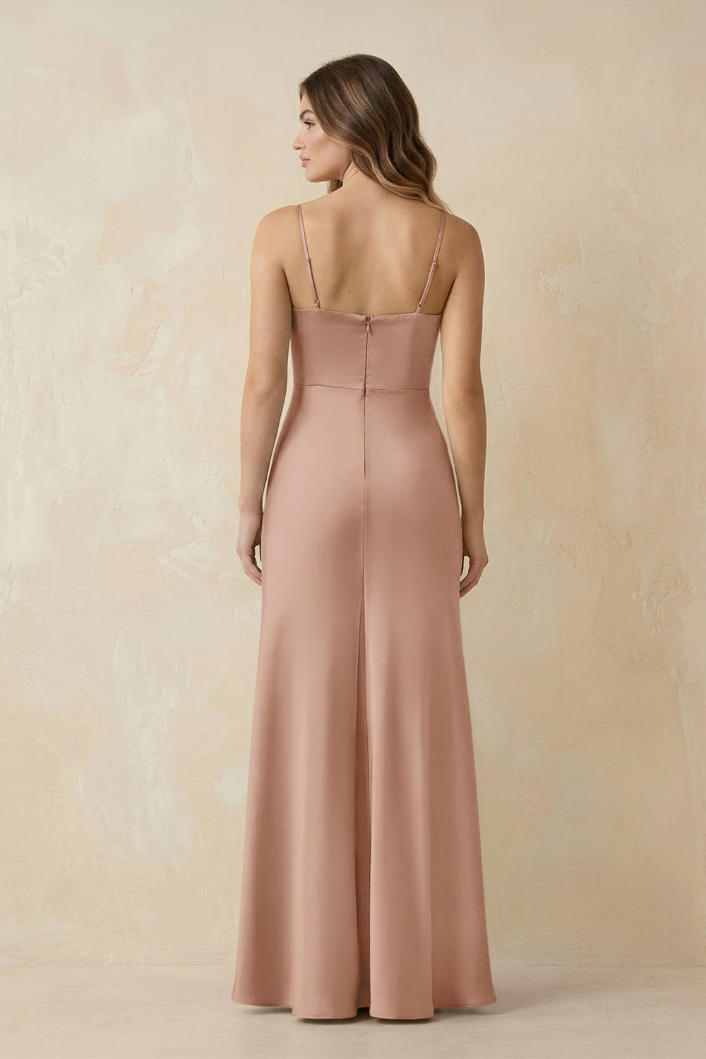 Spaghetti Strap Sheath Satin Bridesmaid Dress With Slit in Champagne Rose