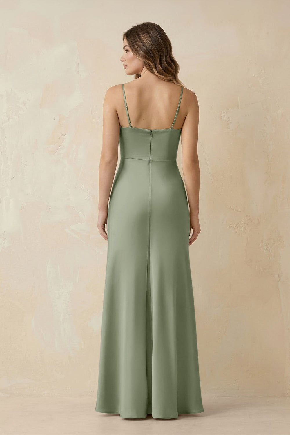 Spaghetti Strap Sheath Satin Bridesmaid Dress With Slit in Dove Gray