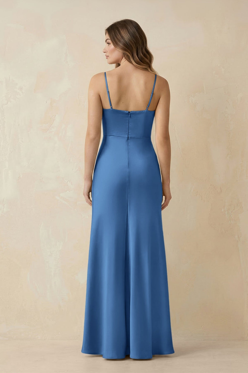Spaghetti Strap Sheath Satin Bridesmaid Dress With Slit in Dusty Blue