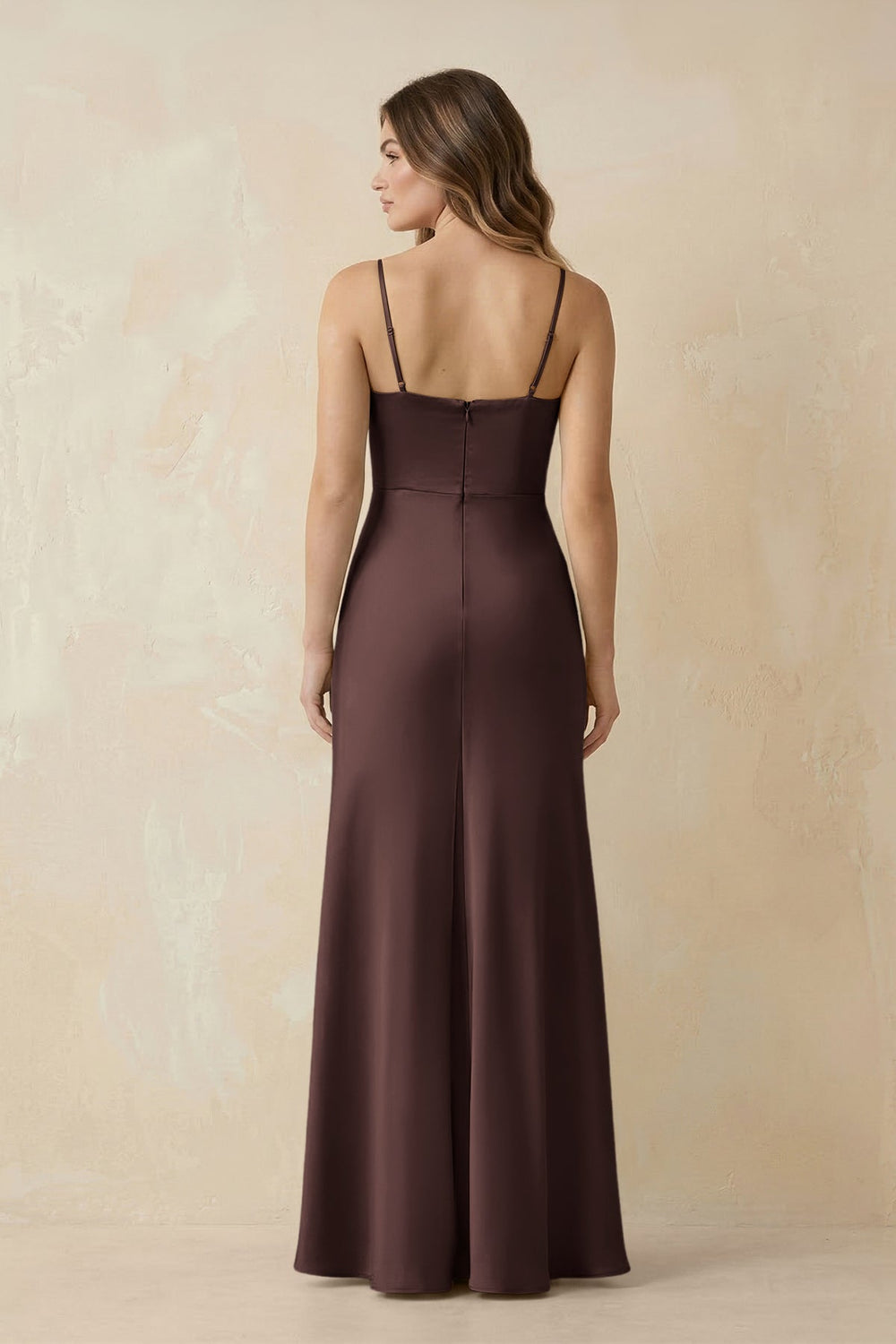 Spaghetti Strap Sheath Satin Bridesmaid Dress With Slit in Espresso