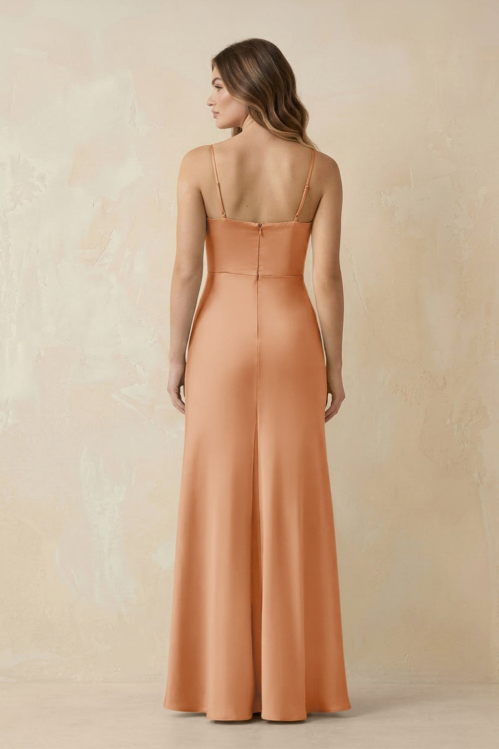 Spaghetti Strap Sheath Satin Bridesmaid Dress With Slit in Golden Champagne