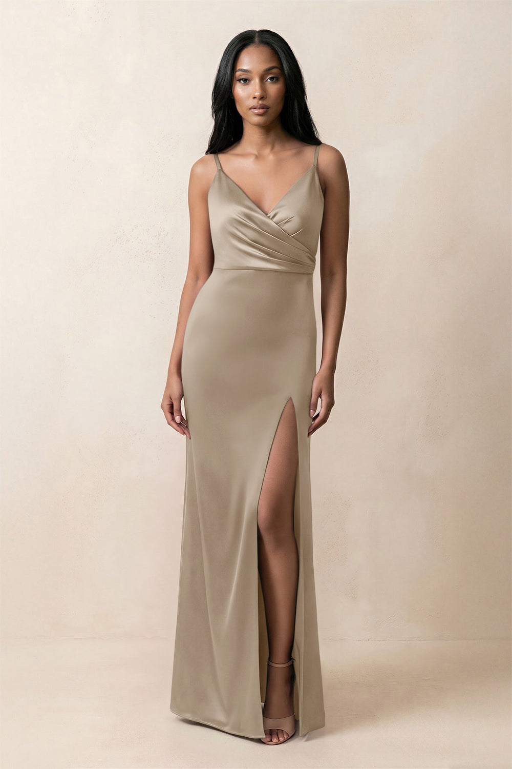 Spaghetti Strap Sheath Satin Ruched Bridesmaid Dress in Almond